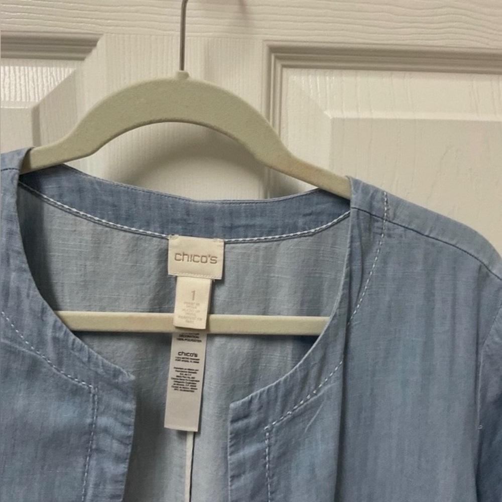 Chico's Sky Blue Chambray Eyelet Front Jacket - Picture 3 of 7